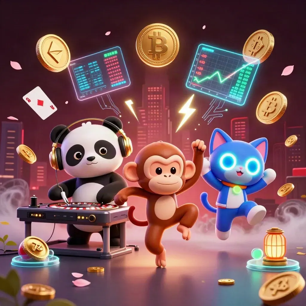 DJ-panda, dansende aap en glow-stick kitten met neon casino-effecten en gouden munten.