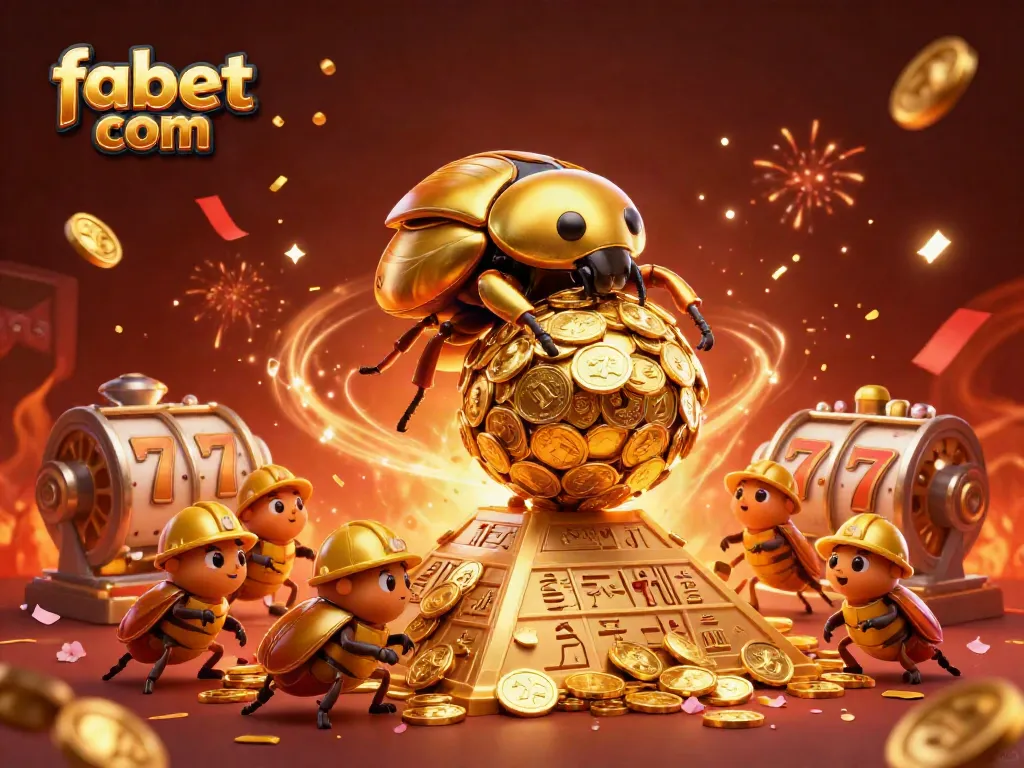 Experience thrilling wins at fabet com with a dynamic golden beetle casino scene featuring casino symbols.