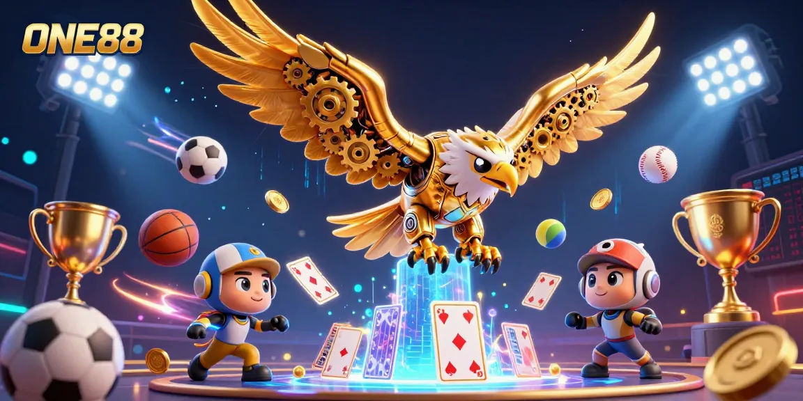 ONE88 presents a dynamic sports betting scene with a cybernetic eagle amid sports elements.