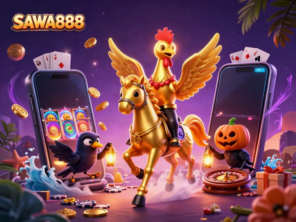 Experience exciting gaming with SAWA888's golden rooster in a vibrant casino scene, showcasing slot gaming elements.