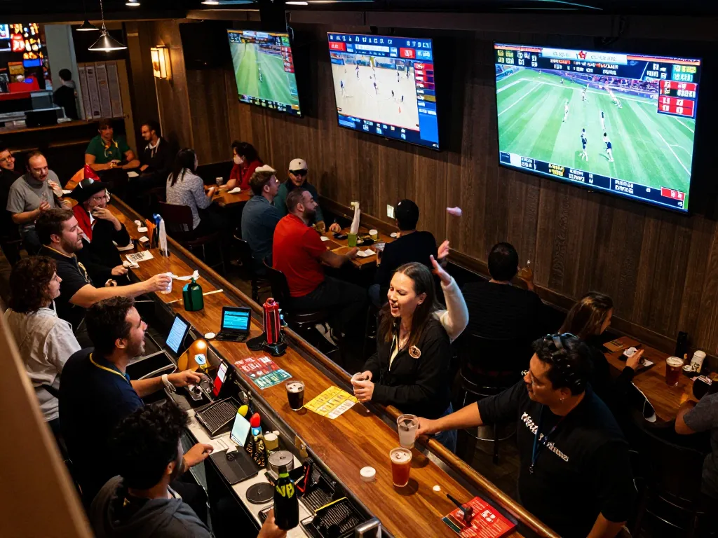 Join the excitement of sports betting at https://casino555win.com/ with friends and screens displaying thrilling games.