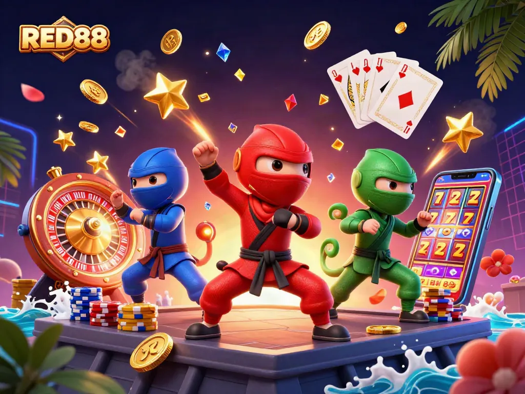 Experience the excitement of RED88 with colorful chameleons and thrilling casino elements.
