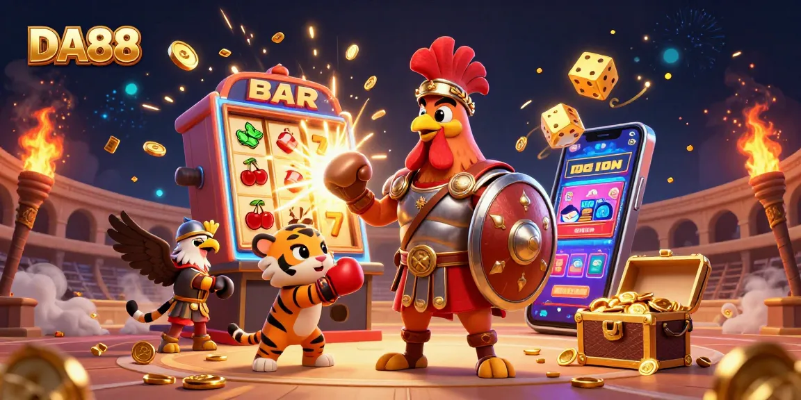 Witness the DA88 slot machine explosion with joyful gladiator rooster and tiger, enhancing your casino experience.