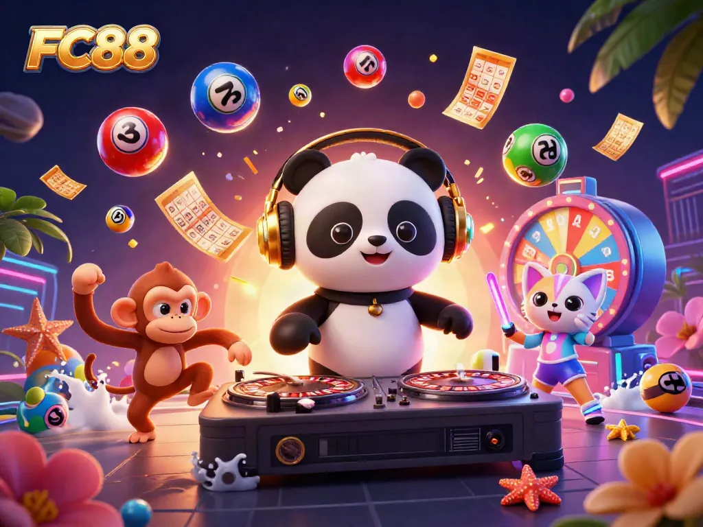 Engage with thrilling gaming moments at FC88, featuring lively characters in a vibrant casino scene.