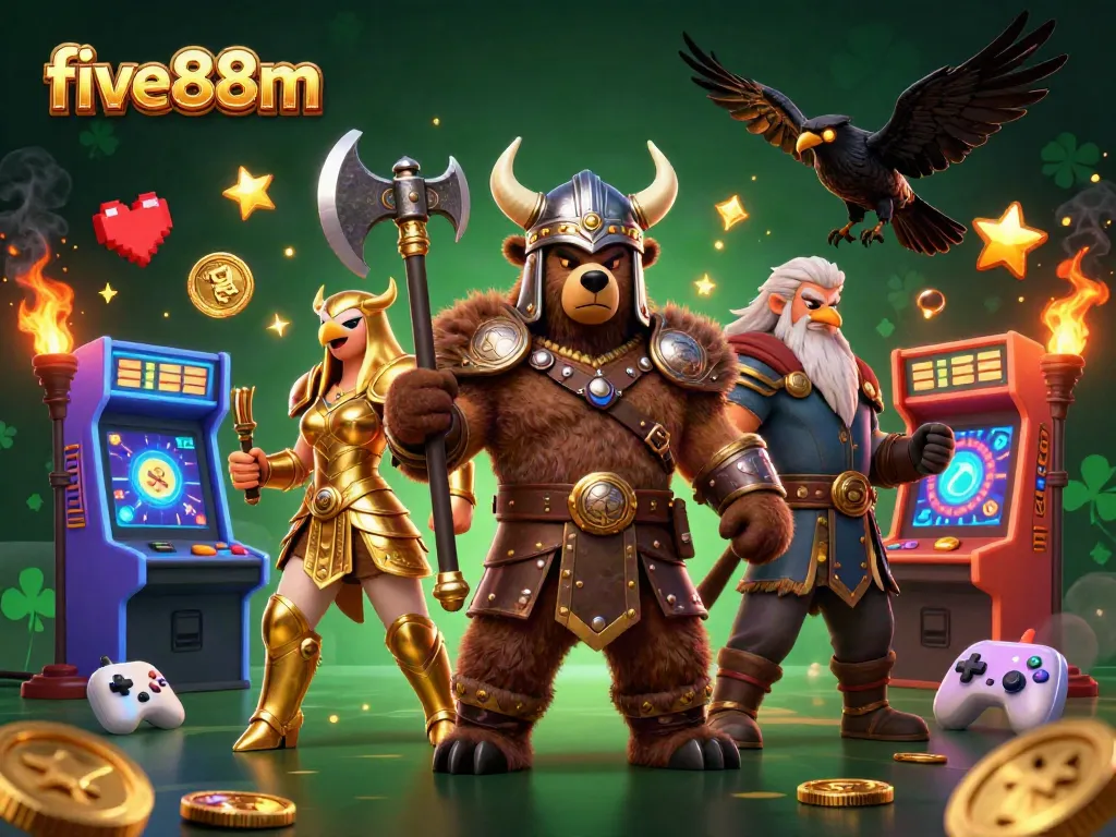 Experience gaming excitement at five88m with a Viking bear and Valkyrie eagle amidst vibrant casino elements.