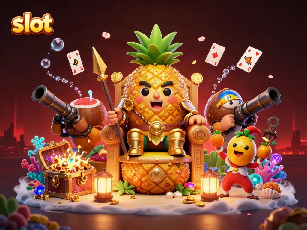 Experience the thrill of slot games in a vibrant 3D scene featuring golden symbols and casino elements.