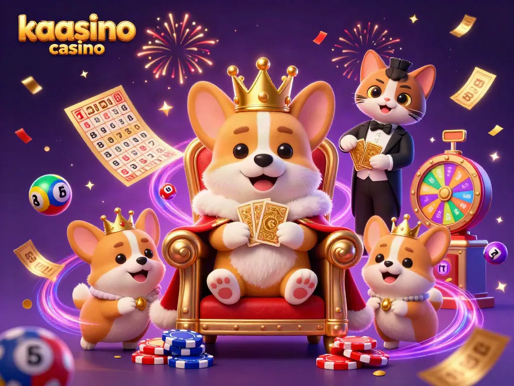 Kaasino casino showcases a royal corgi surrounded by festive lottery elements in a vibrant gaming scene.