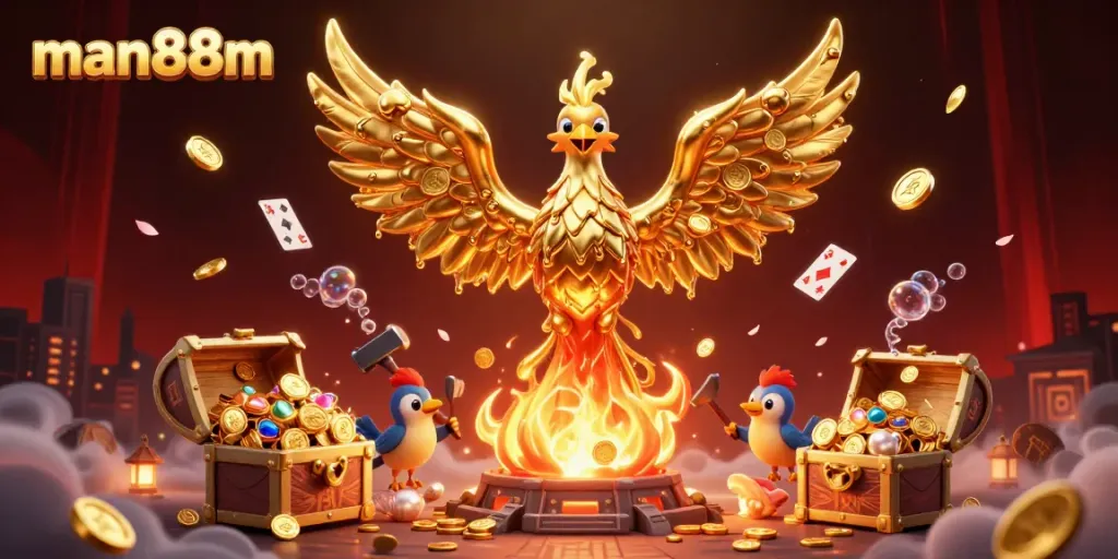 Experience thrilling games at man88m with golden rewards spilling from a molten phoenix amidst a vibrant casino scene.