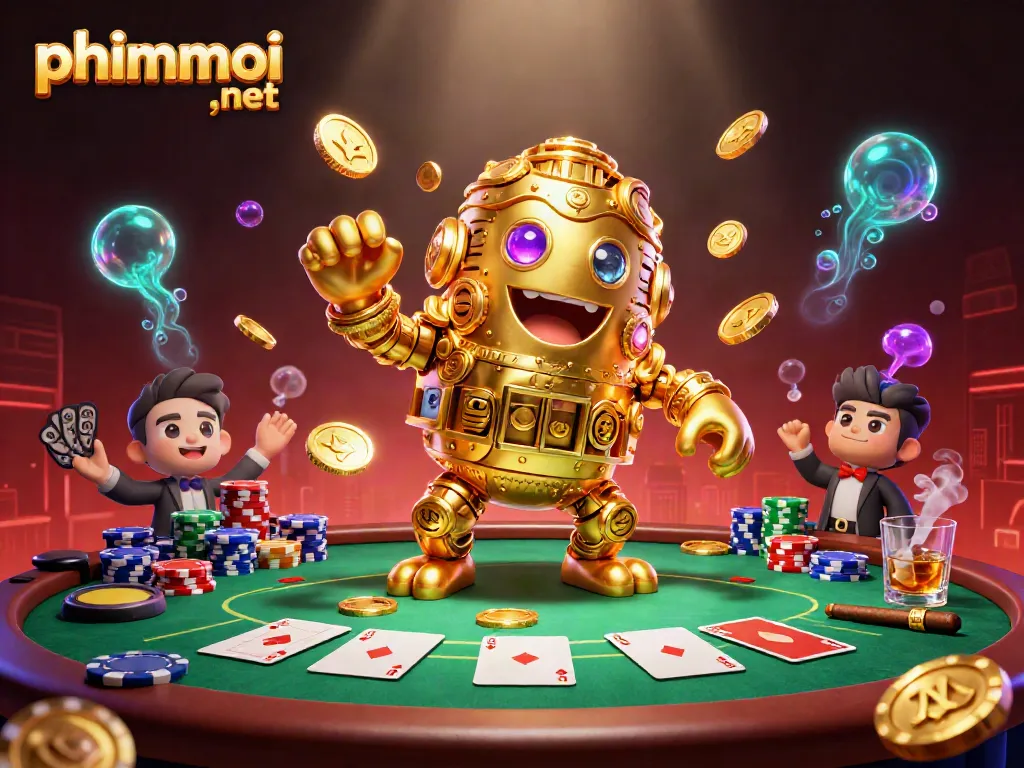 Experience thrilling action at phimmoi ,net with a golden golem surrounded by vibrant poker elements.