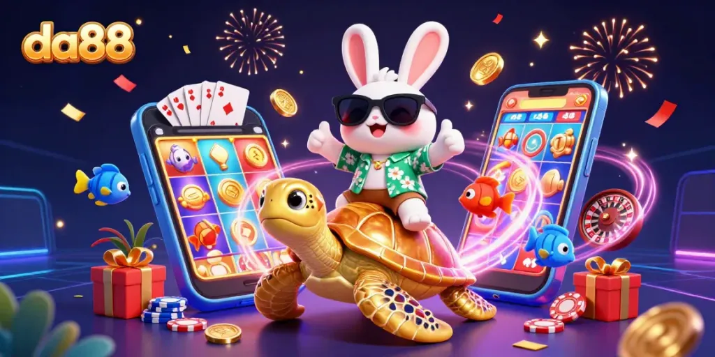 Experience winning excitement at da88 with vibrant 3D gaming characters and casino elements.