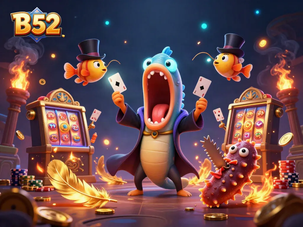 B 52 casino scene featuring a deep-sea gulper eel magician performing tricks with slot machines and chips.