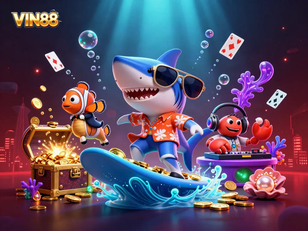 Experience thrilling wins at VIN88 with a colorful scene of a shark, clownfish, and crab in a vibrant underwater casino.