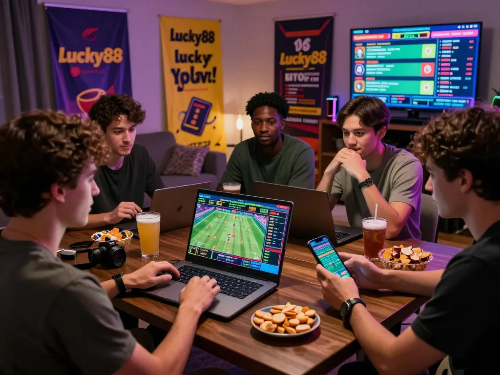 Engaged players enjoying Link vào Lucky88 online gambling experience in a vibrant living room setting.
