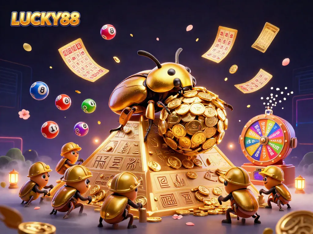 Spin and win with LUCKY88 in a vibrant casino-themed 3D scene filled with excitement.
