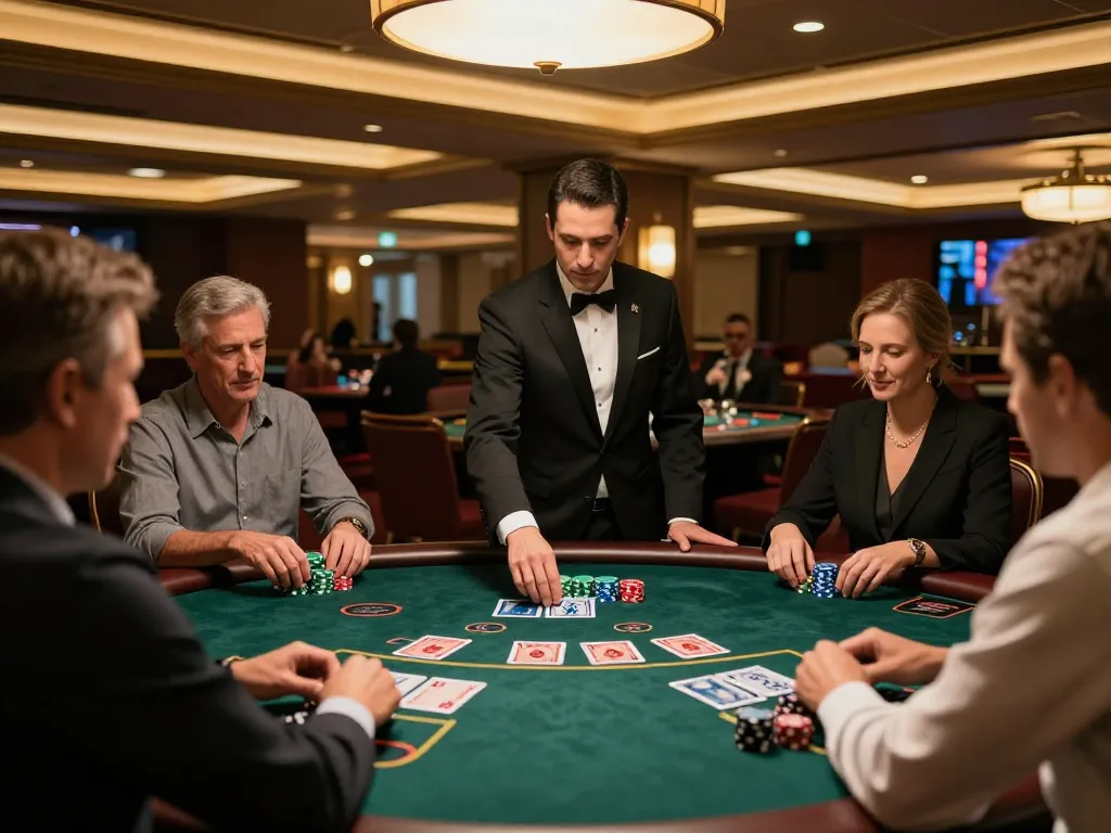 Players engaging in high-stakes blackjack at cm88 casino table with a dealer managing gameplay.