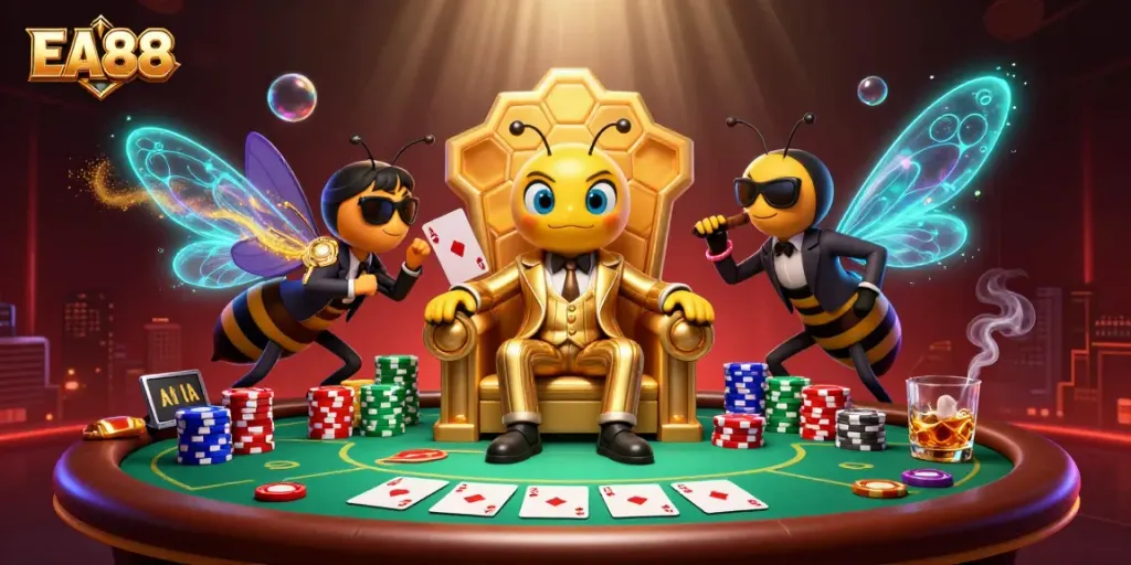 Engage with EA88 table games featuring a mob boss and quirky characters in a vibrant casino setting.