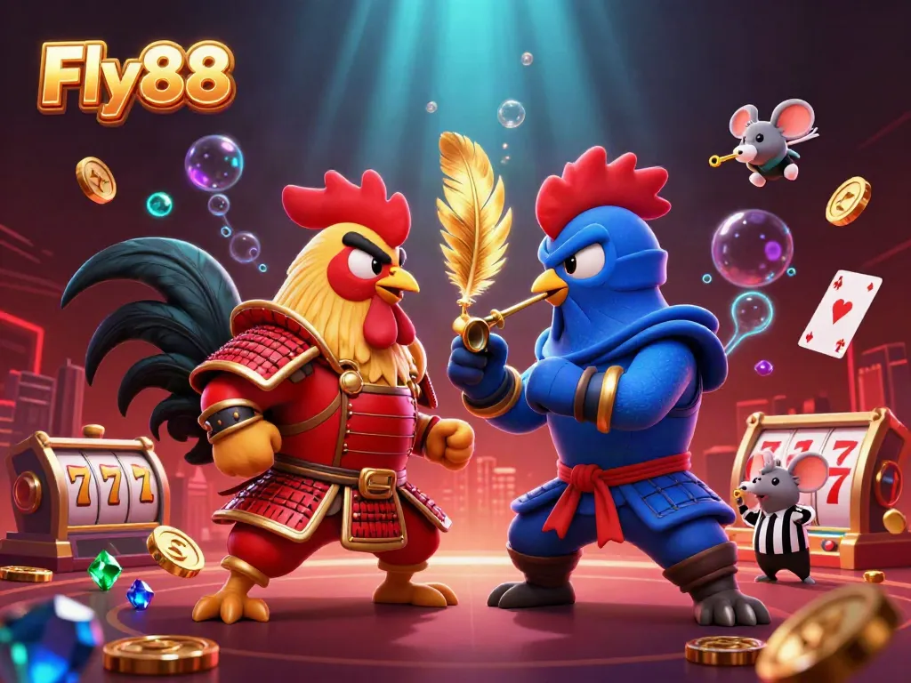 Engage in thrilling slots with Fly88 as cartoon roosters face off in a dynamic digital casino scene.