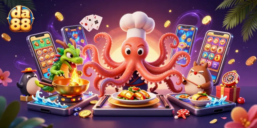Engage in the thrilling world of da 88 with vibrant casino elements and a chef octopus preparing golden dishes.
