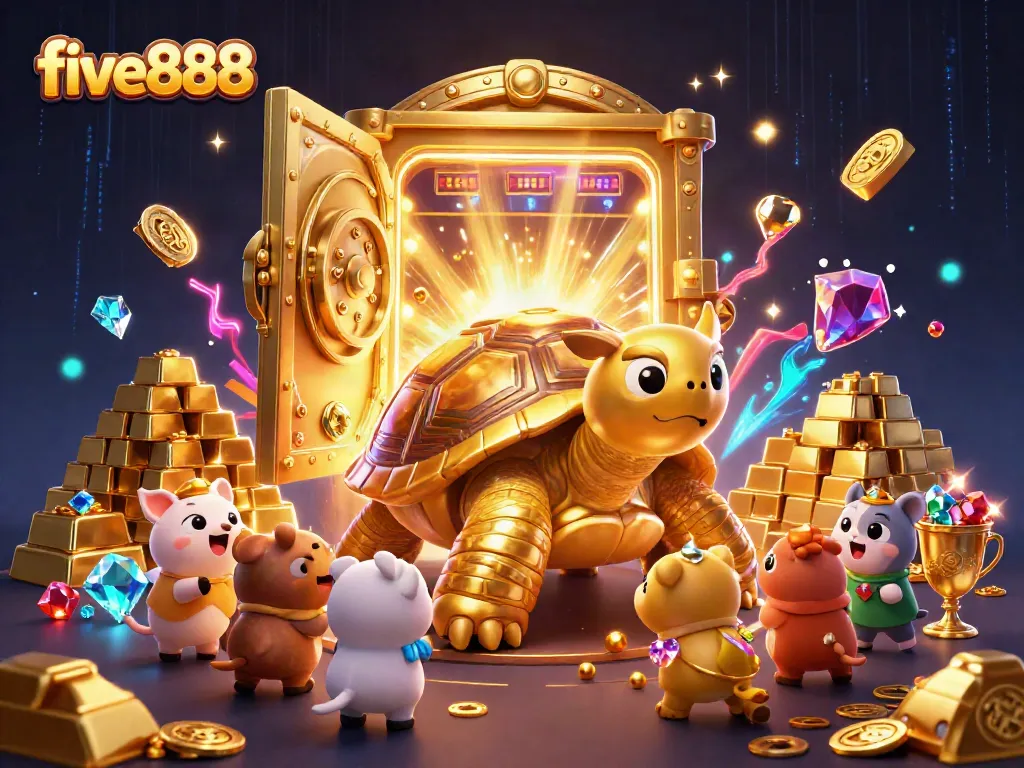 Play exciting games at five888 with a cartoon golden tortoise pinball machine surrounded by treasure.