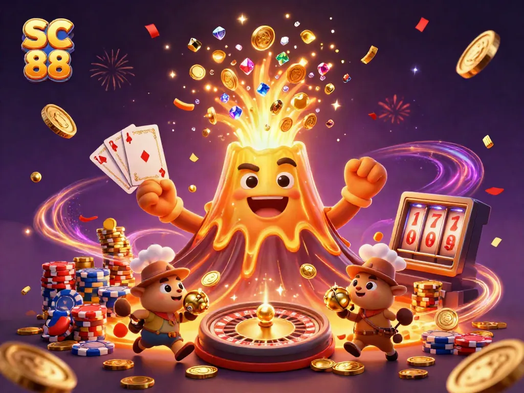 Experience the thrill of SC 88 with a triumphant volcano bursting with coins and gems, celebrating casino games.