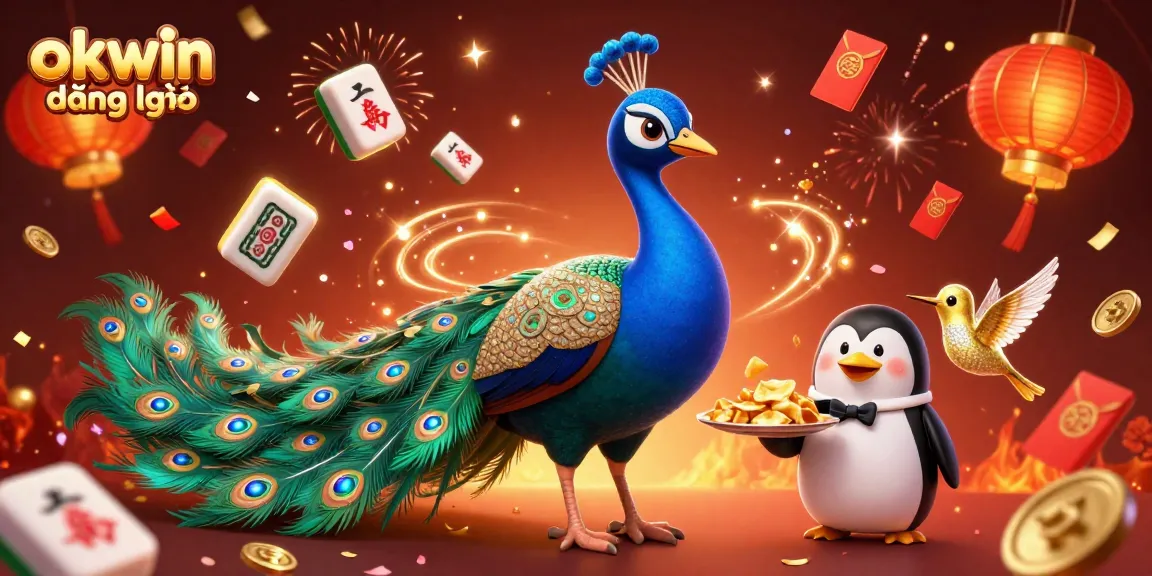 Engage with okwin đăng nhập in this vibrant 3D scene featuring a peacock, penguin, and hummingbird celebrating at a casino.