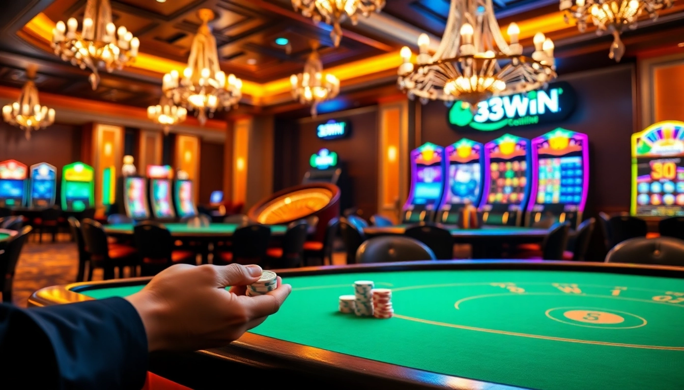 33WIN players engaging in thrilling casino games amidst luxury surroundings.