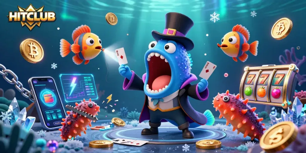 HITCLUB showcases a deep-sea casino scene with vibrant characters and slot reels, evoking excitement.