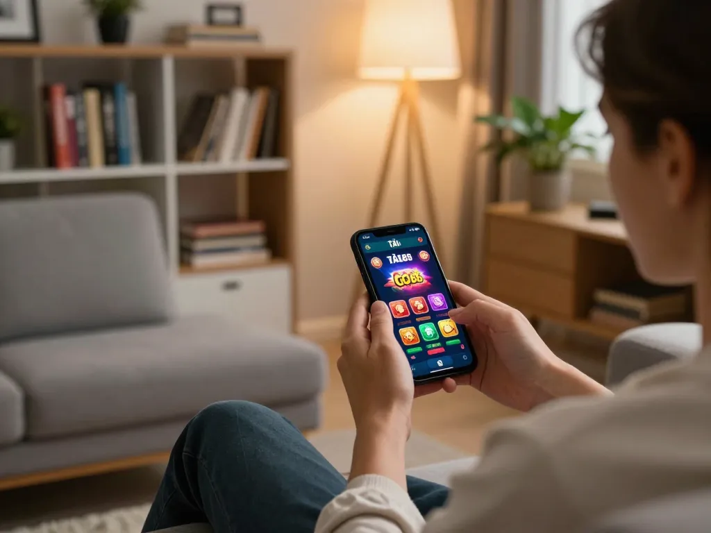 TẢI GO88 on mobile app for exciting casino games in a cozy home setting.