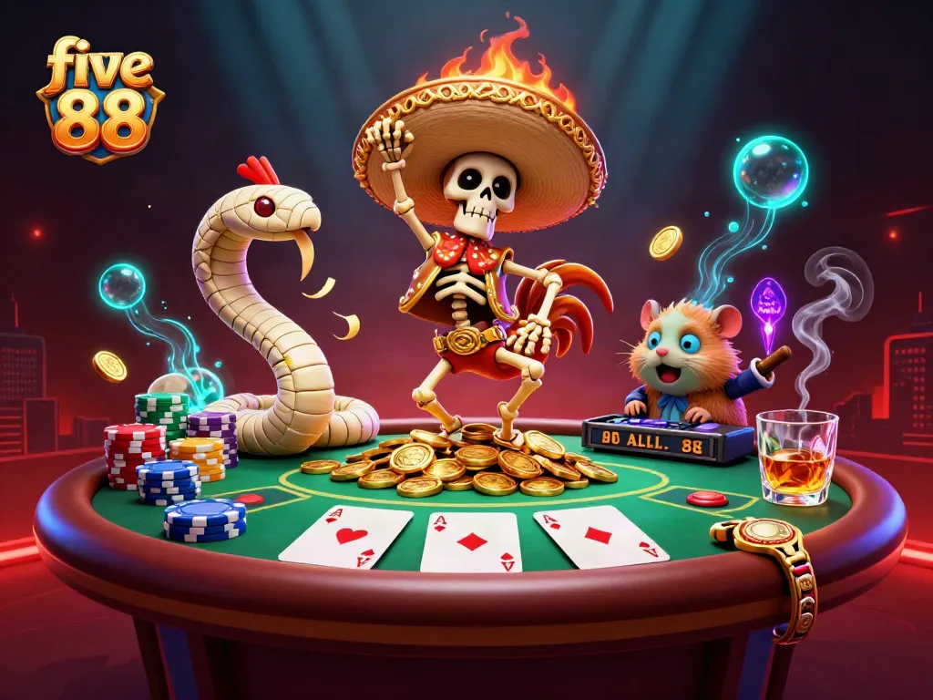 Experience exciting wins with five 88, featuring vibrant casino characters and action-packed gaming elements.