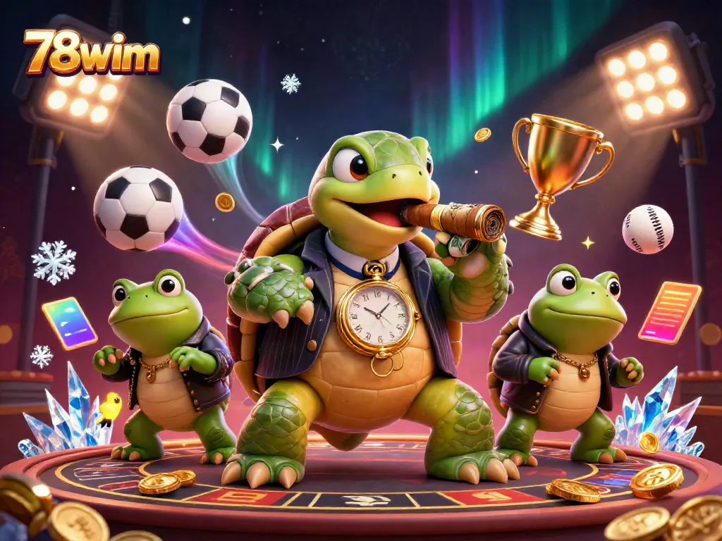 Experience the thrilling atmosphere of 78wim with a snapping turtle in a mobster suit and casino elements.