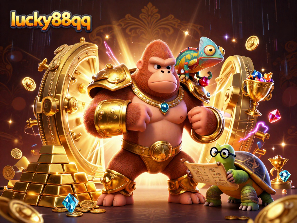 Engage with lucky88qq's vibrant 3D casino theme featuring a gorilla king and treasure.