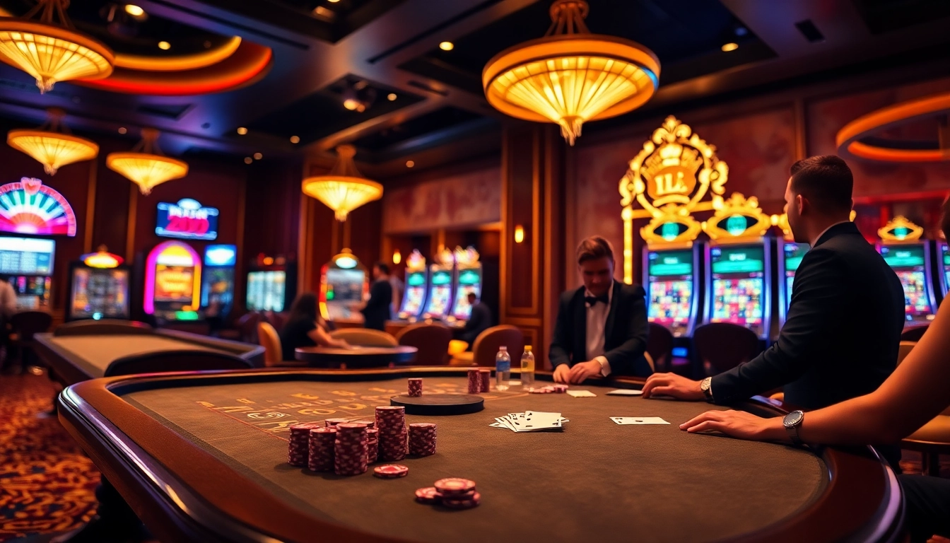 High-stakes players enjoying s8s at a luxurious poker table in a vibrant casino setting.