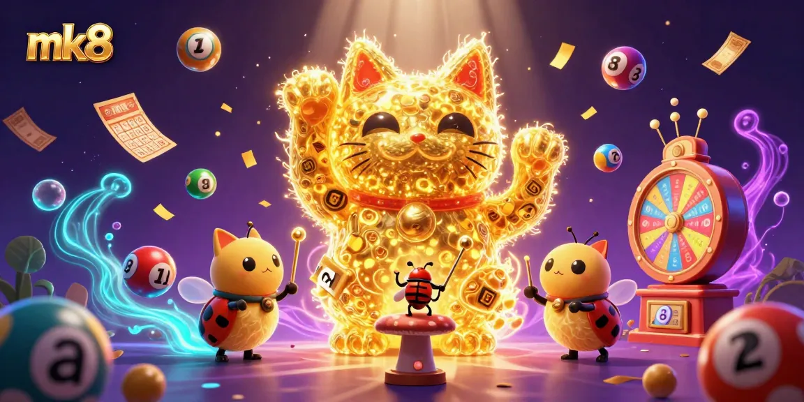 Experience dynamic gaming with mk8 through this vibrant 3D illustration of a lucky cat amid casino symbols.