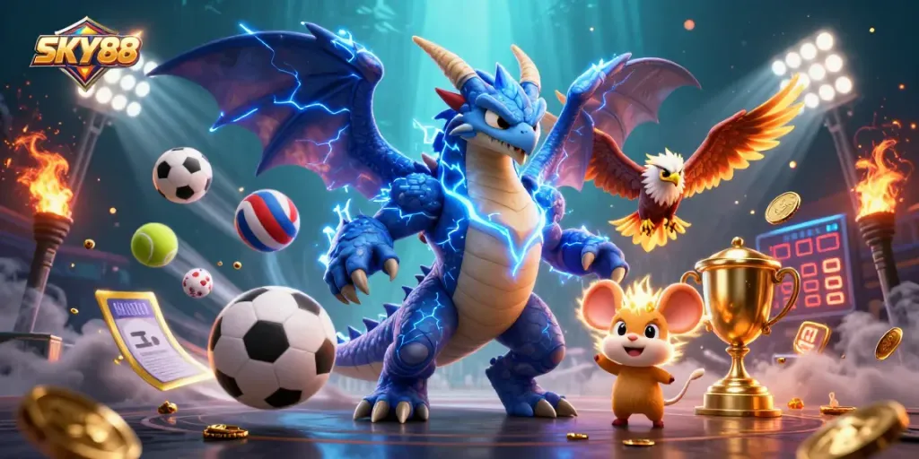 Engage with thrilling SKY88 gameplay as powerful dragon and hawk soar amidst flying sports elements.