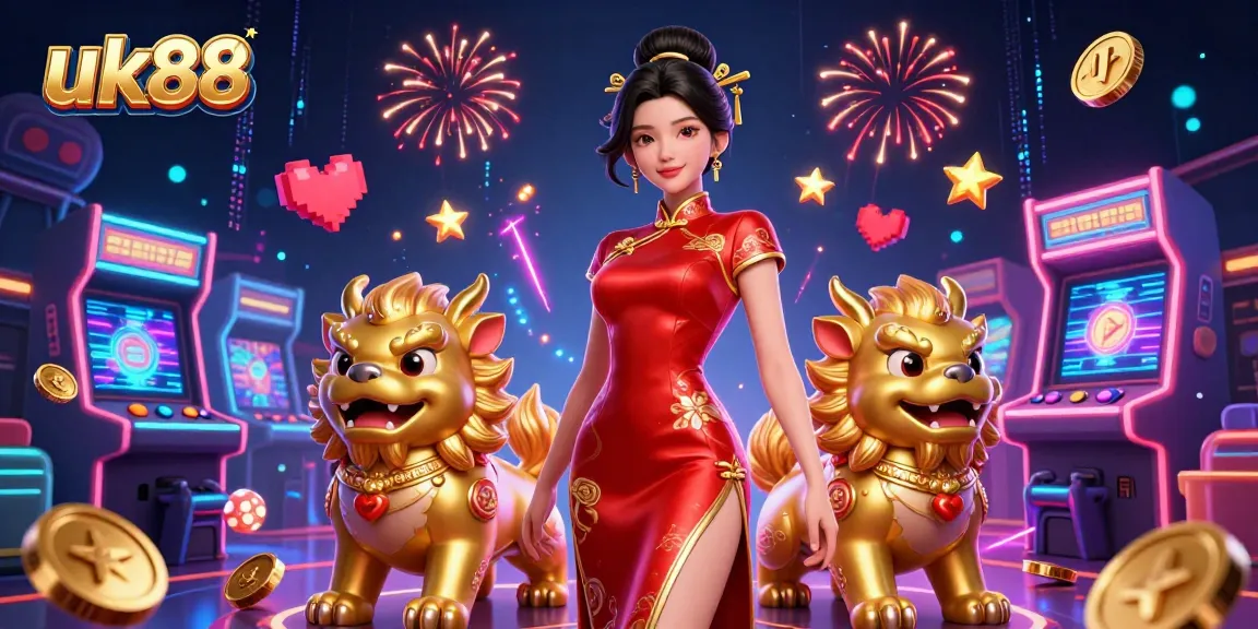 Experience thrilling games at uk88 with a glamorous Asian woman and golden guardians amidst vivid casino elements.