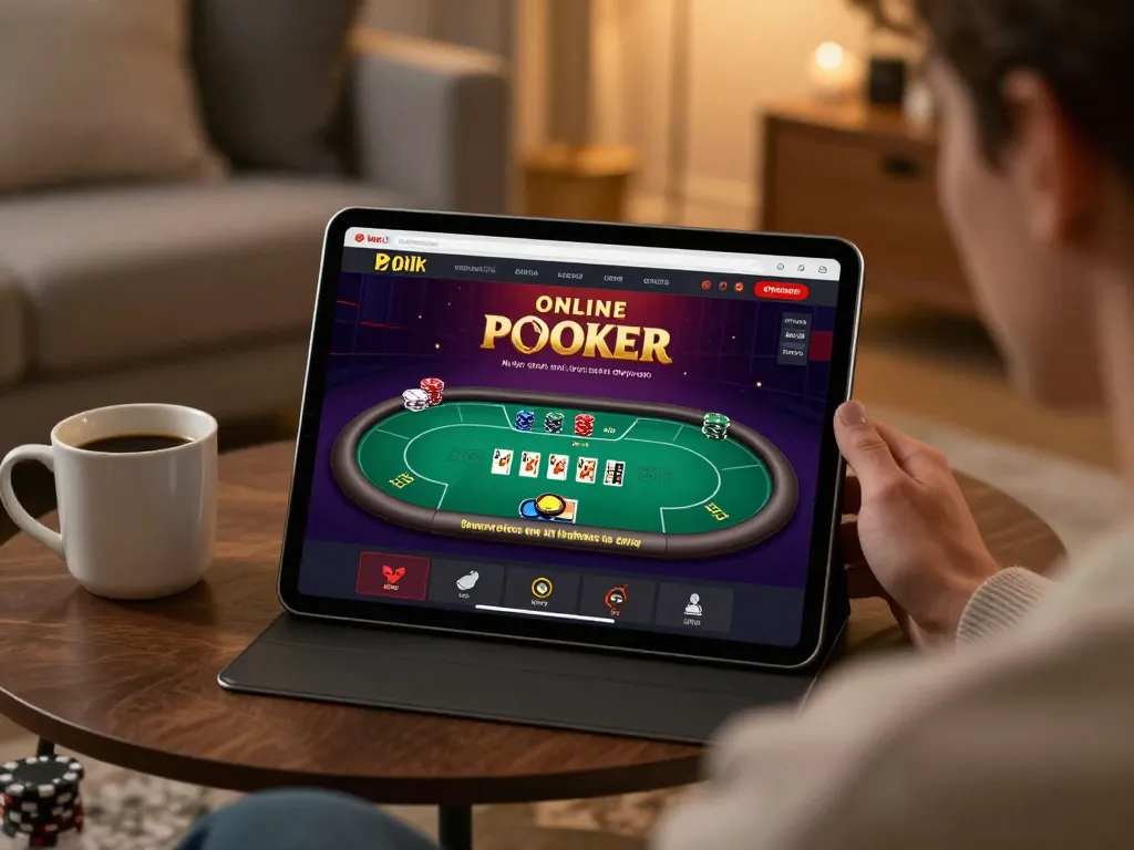 Sun win poker game displayed on tablet in cozy home setting, emphasizing strategy and entertainment.