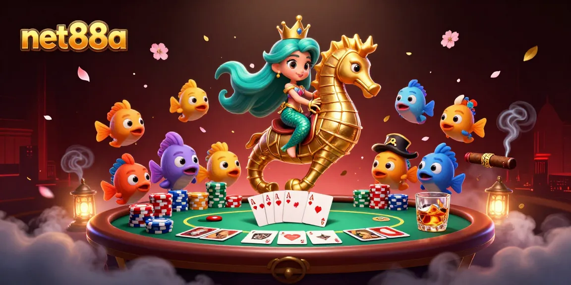 Engage in thrilling poker adventures with net88a featuring a mermaid princess and colorful fish sidekicks.