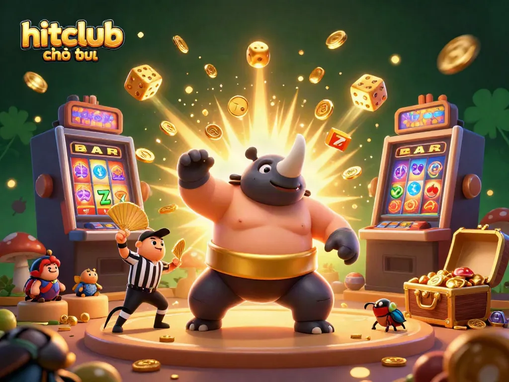 Hitclub chính thức logo displayed with vibrant gambling-themed 3D characters and dynamic gaming elements.
