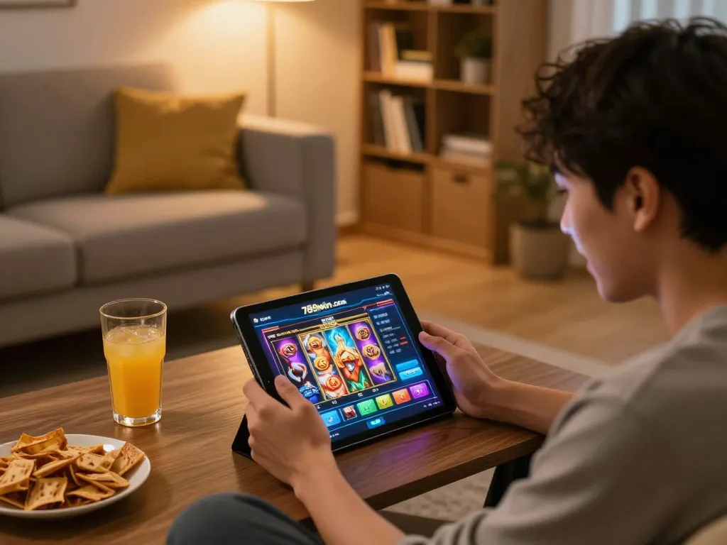 Play exciting games on 789win.com showcasing vibrant slot graphics in a cozy home setup.