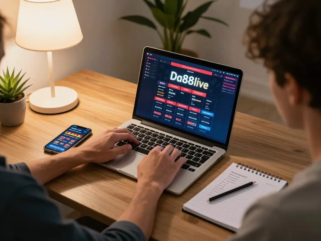 Player enjoying Da88live online casino gaming with strategic notes and cozy atmosphere