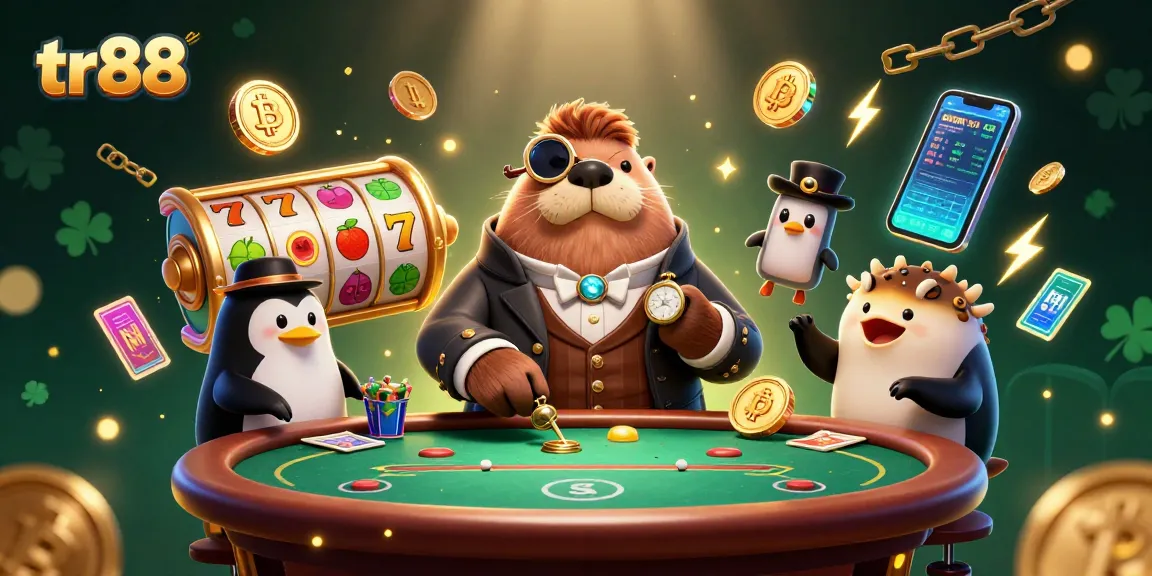 Experience tr88 excitement with a jolly walrus and friends around a vibrant slot table.
