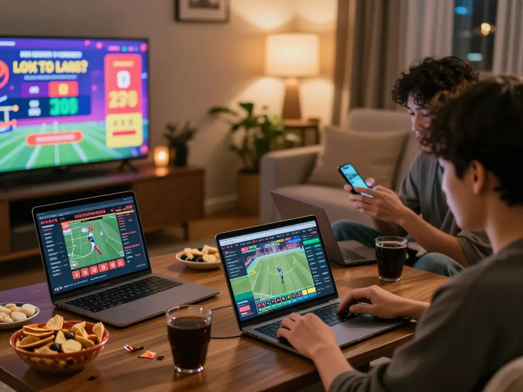 Engaged users accessing Link vào Topbet for online betting excitement in a vibrant home setup.