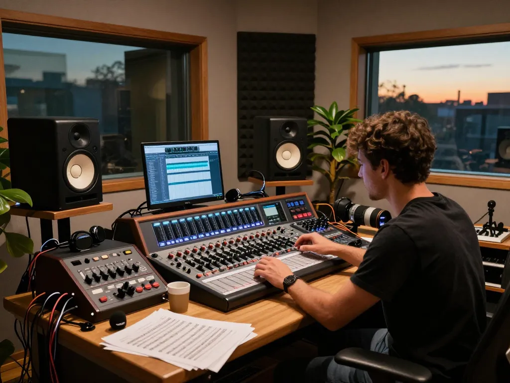 Sound engineer adjusting DA88 multitrack recorder in a vibrant audio studio setting.