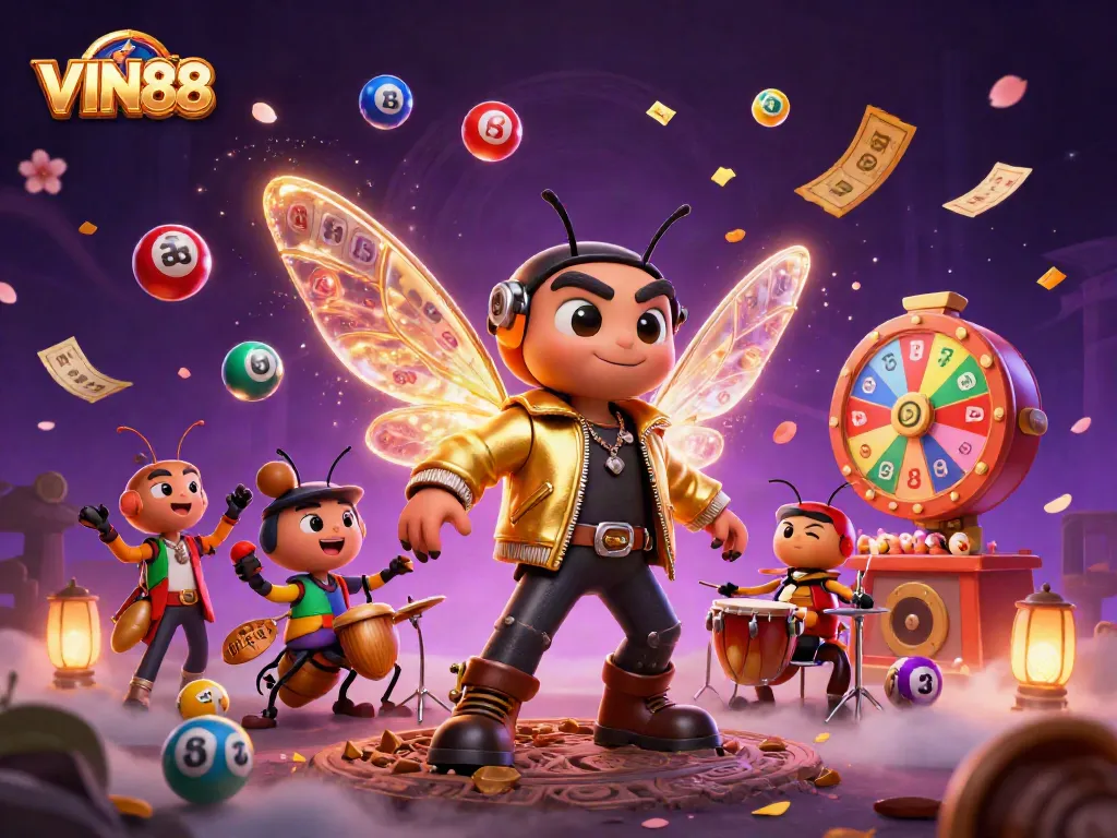 Experience the excitement of VIN88 with a vibrant 3D casino scene featuring dynamic game elements.