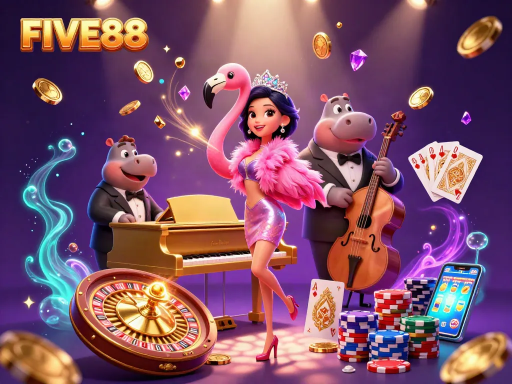 Experience thrilling gameplay at FIVE88 with vibrant casino elements and dynamic characters.
