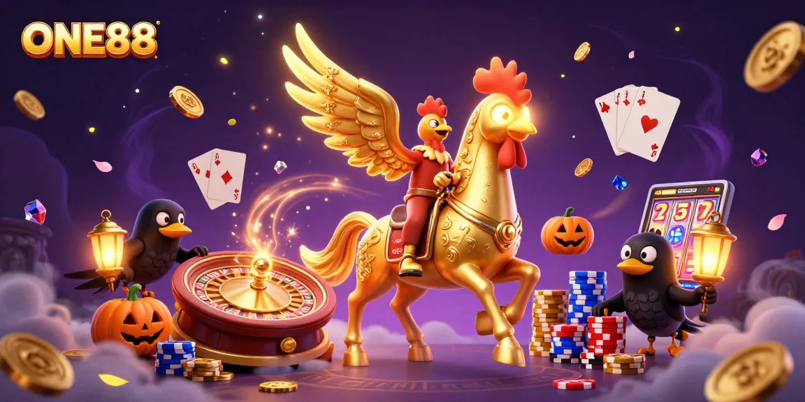 Experience thrilling gameplay with ONE88, featuring a golden rooster, roulette, and poker elements.