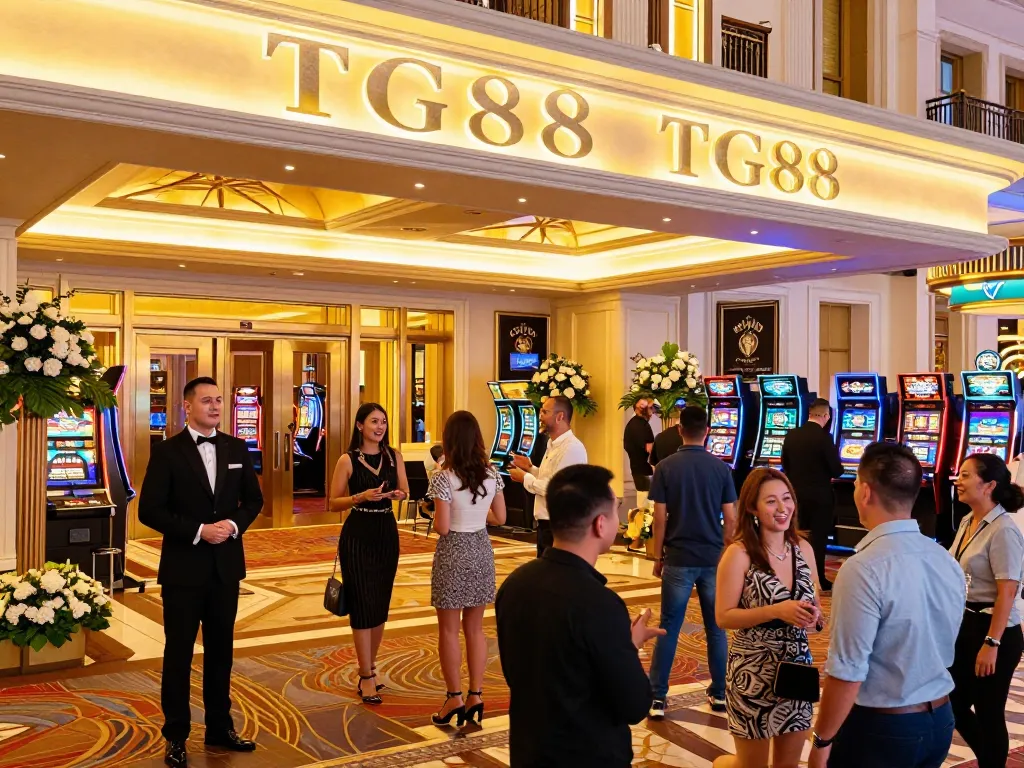 Experience the luxury entrance of TG88 casino with exciting guests arriving for gaming adventure