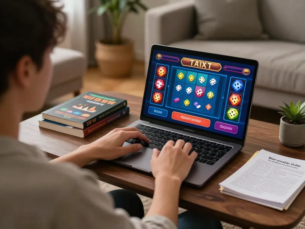 Engaging in Taixiuonline gaming on a modern laptop in a cozy living room, emphasizing strategic home entertainment.