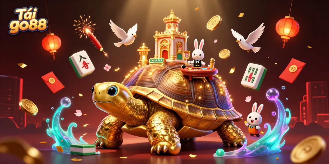 Tải go88 with a cartoon tortoise casino palace, rabbit dealer, and flying coins showcasing online gaming excitement