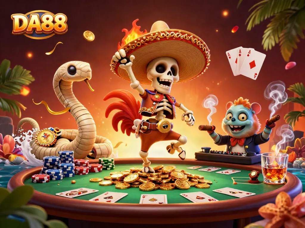 DA88 players enjoy an exciting scene with a lively mariachi rooster and casino elements.